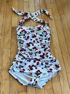 White Halter Retro One-Piece Swimsuit with Red Cherry Print